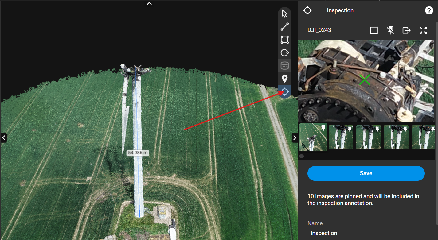 Instruktionsbild som visar markering av inspektionspunkt med hårkors i 3D-modellen