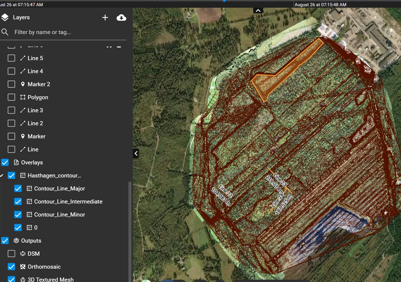 ytmodell med höjdkurvor från drönarscanning av solcellspark för projektering och markmodell