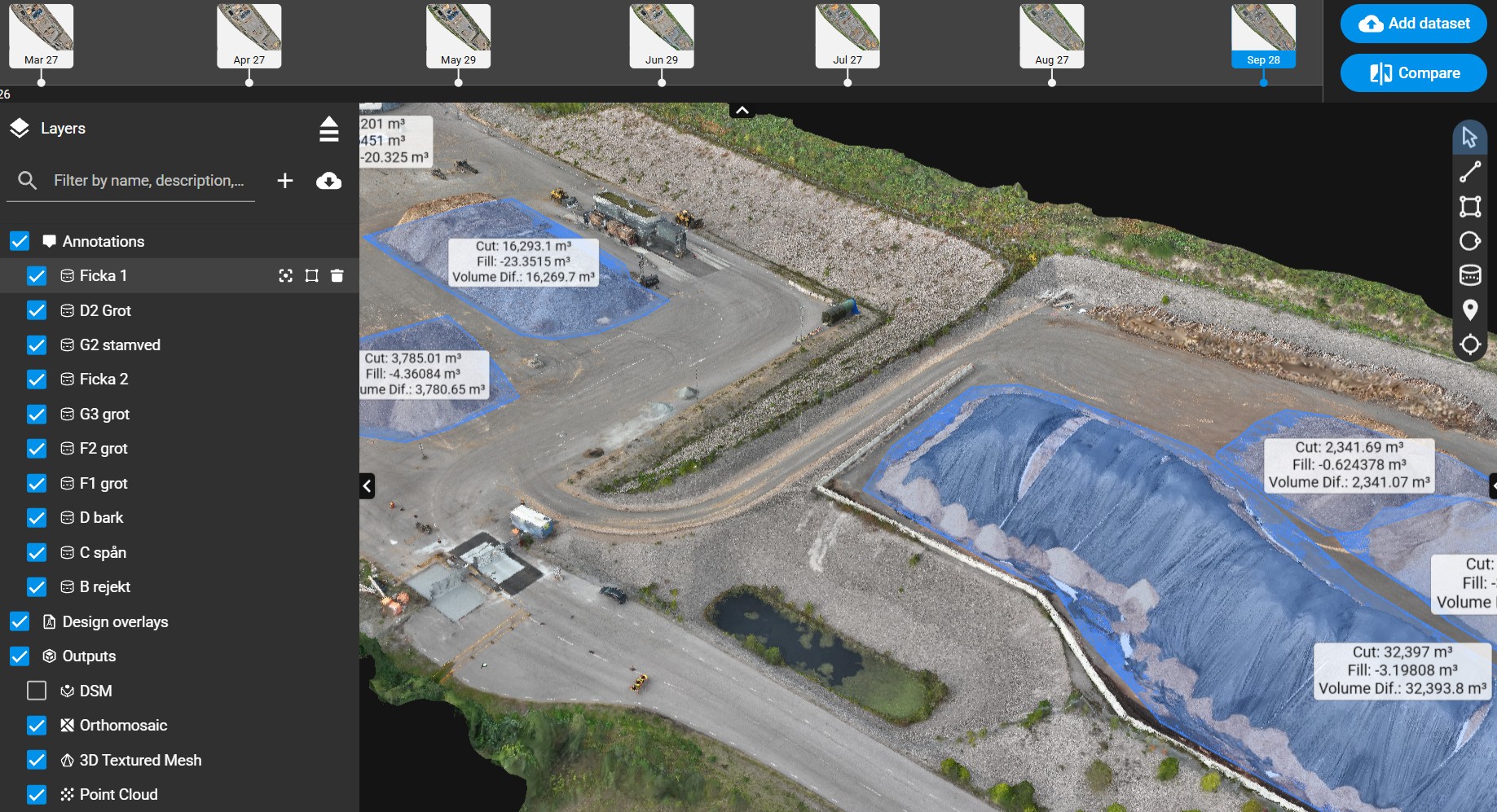 Volymmätning med drönare av materialupplag i 3D-modell med volymer i kubikmeter
